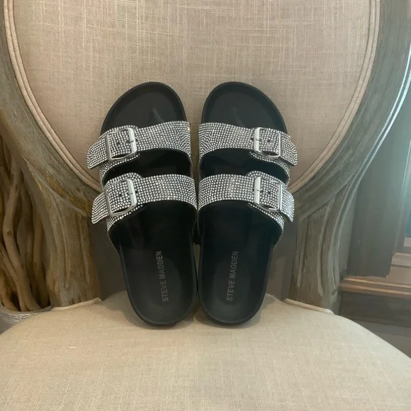 Steve Madden Black Rhinestone Double Strap Sandals - Picture 5 of 6
